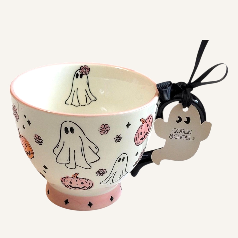 NWT Pink Pastel Ghost Halloween Mug Goblin & Ghoul Ceramic Coffee Cup Summerween